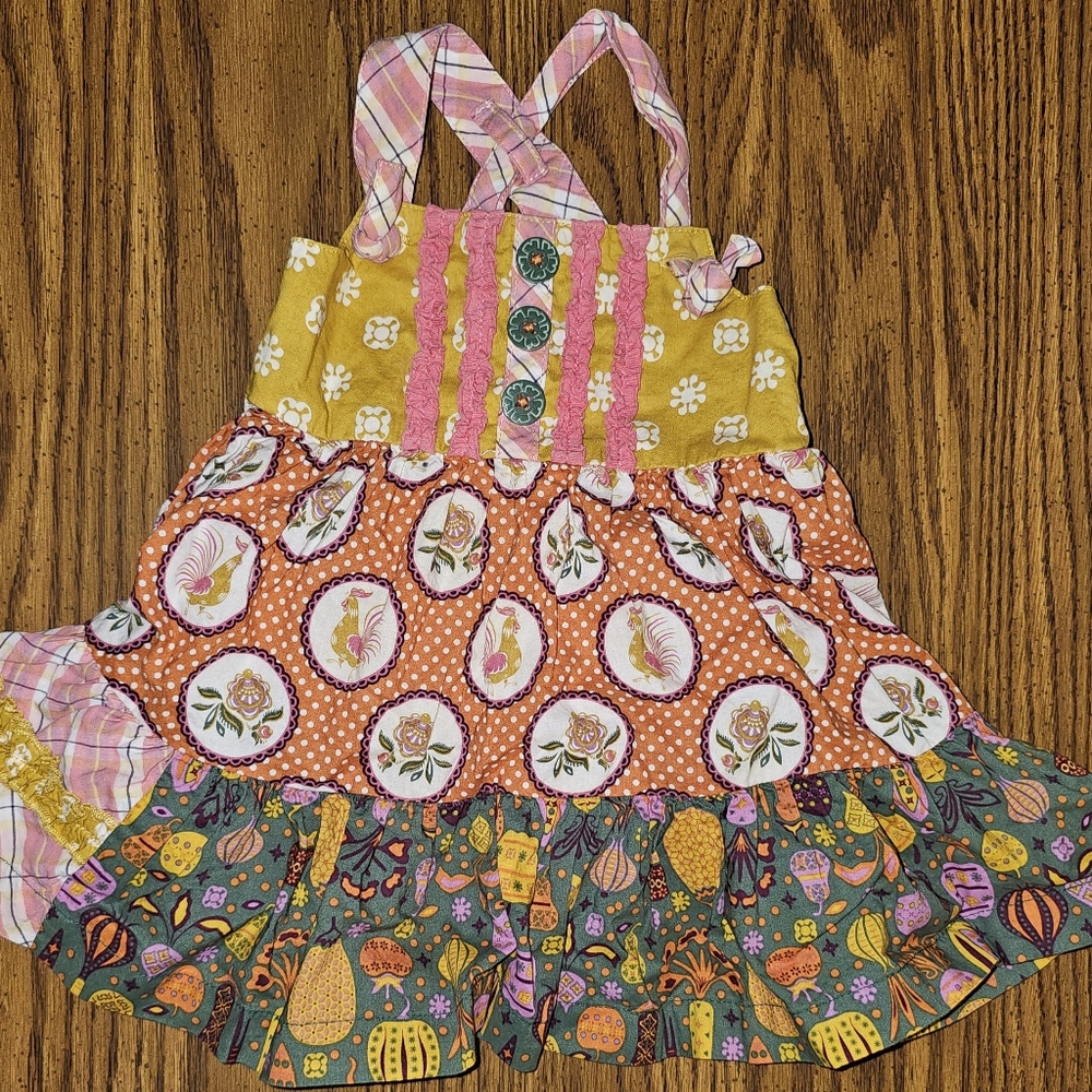 Matilda Jane Colorful Patterned Dress with Floral and Rooster Designs 3-6m